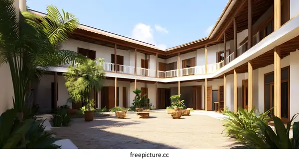 Tropical Courtyard with Wooden Columns and Palm Trees