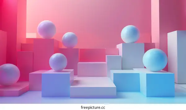 Pastel Pink and Blue Podiums with Spheres 3D Rendering