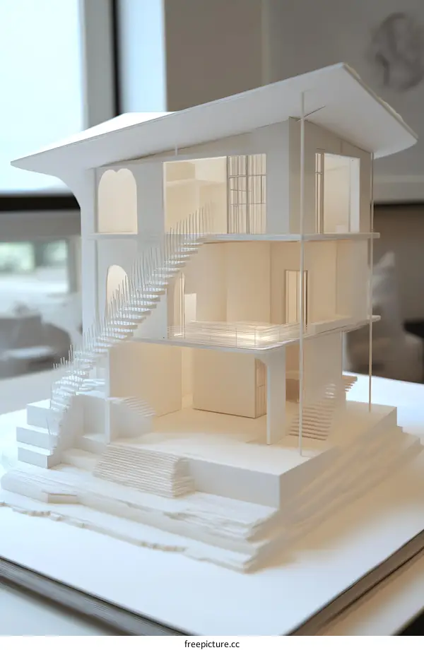 White Paper Model of Modern House with Curved Staircase
