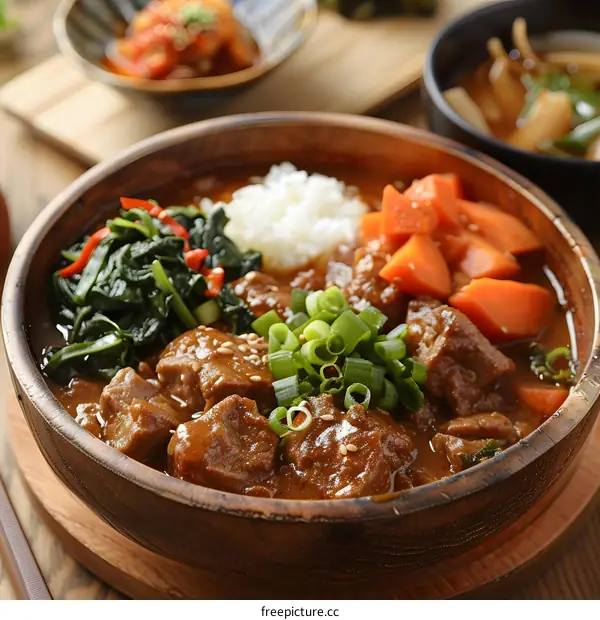 Closeup of a Bowl of Japanese Beef Stew with Rice, Carrots, and Green Onions