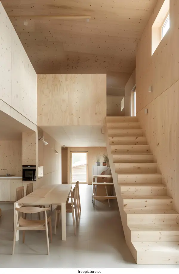 Modern Wooden House Interior Design with Stairs and Dining Table