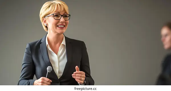 Smiling Businesswoman Speaker at Conference Holding Microphone