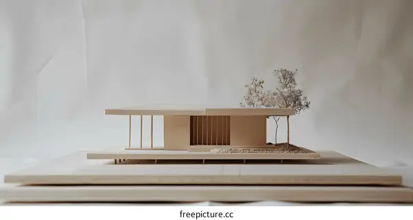 Minimalist Wooden Model House with Small Tree