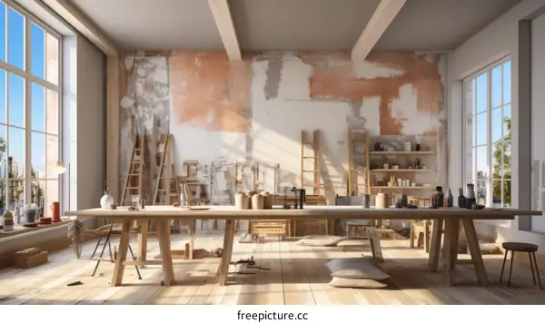 Large room with wooden table, chairs, and painting supplies