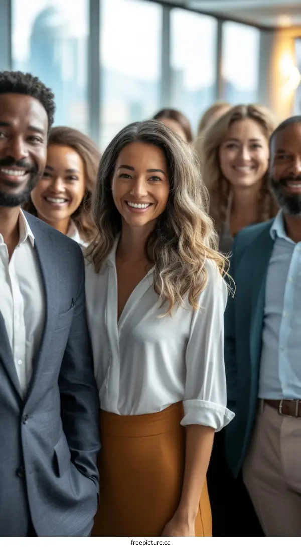 Group of smiling business professionals posing in an office