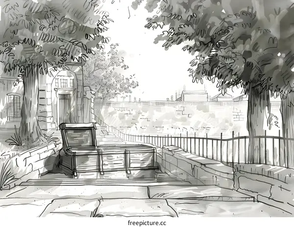 Black and White Illustration of a Stone Building with a Chest