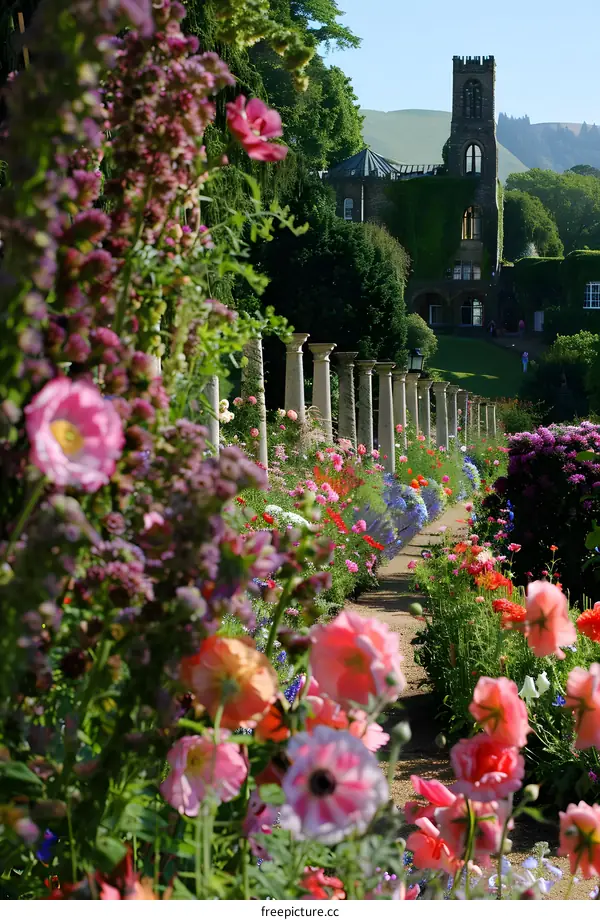 Colorful Flower Garden Pathway With Stone Columns Leading to a Building