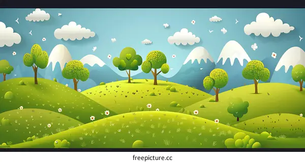 Cartoon Spring Landscape Illustration With Green Hills and Mountains