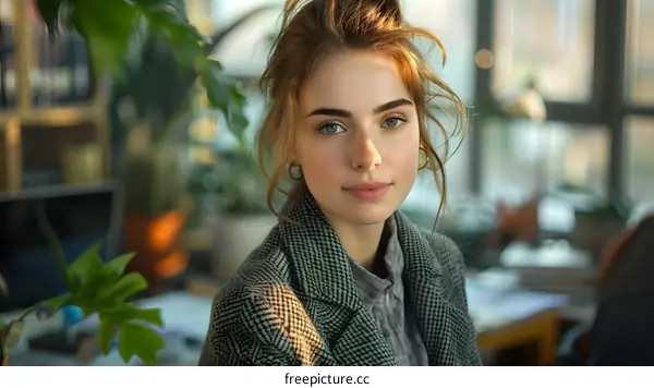 portrait of a beautiful young woman in a gray coat with green leaves in the background