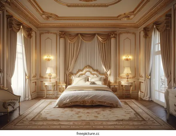 Ornate golden bedroom with a large bed and two chairs