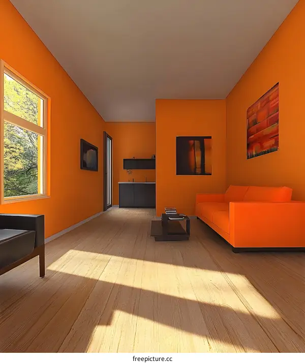 Modern Living Room Interior Design with Orange Walls and Wooden Floor