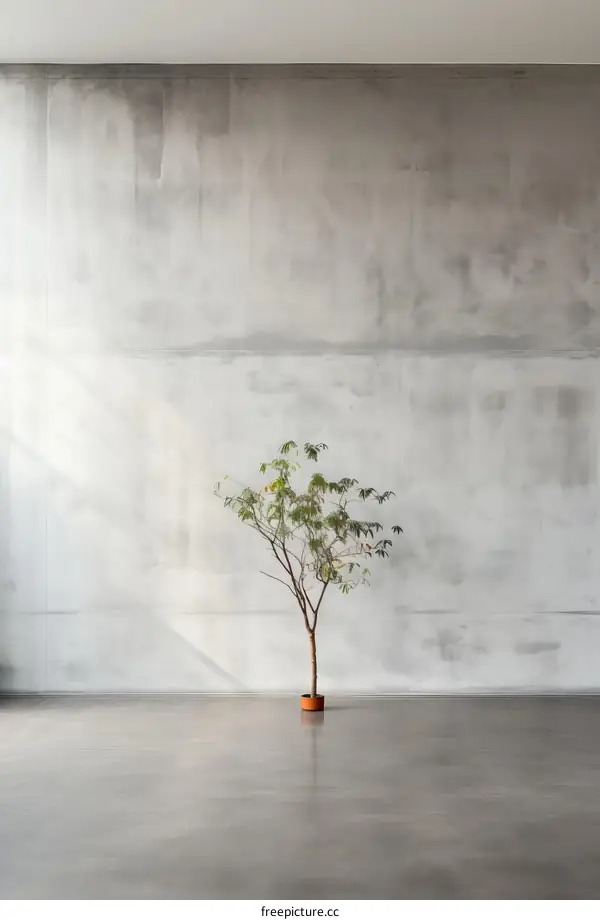 A potted tree in front of a concrete wall