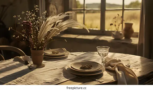 Rustic Table Setting with Dried Flowers and Window View