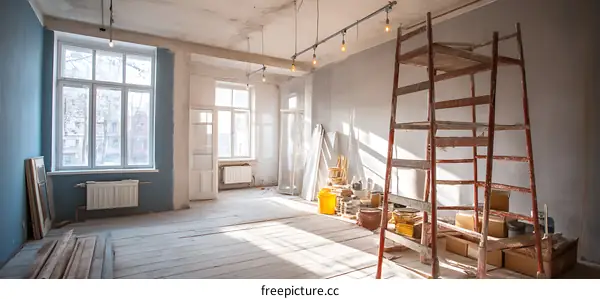 Renovation Interior Empty Room With Scaffolding