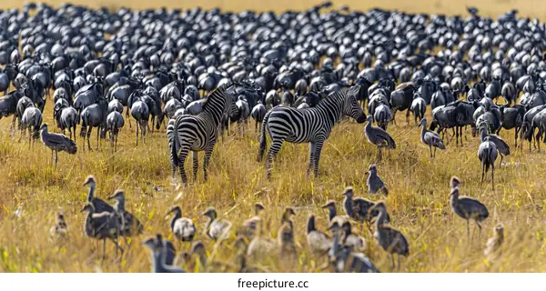 Large herd of zebras and wildebeests on the savanna