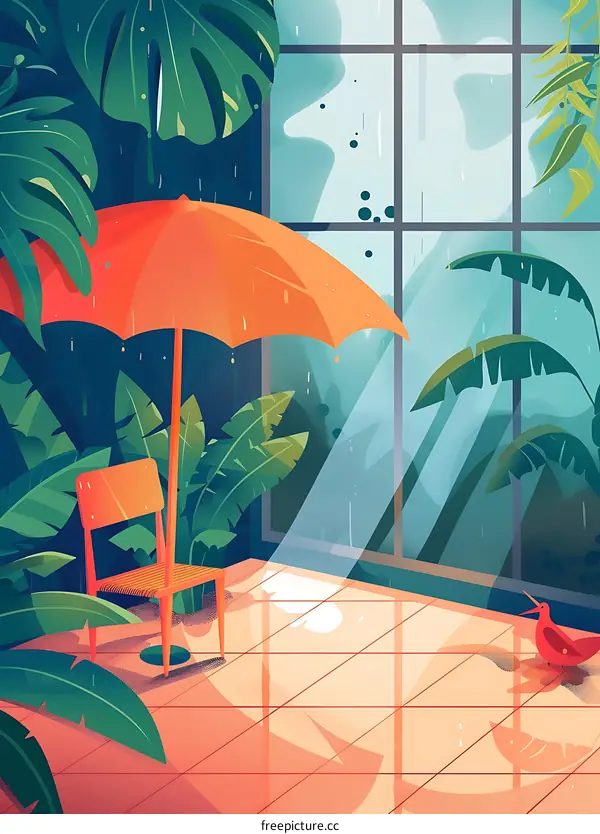 Rainy Day in a Tropical Garden Room with Umbrella and Chair