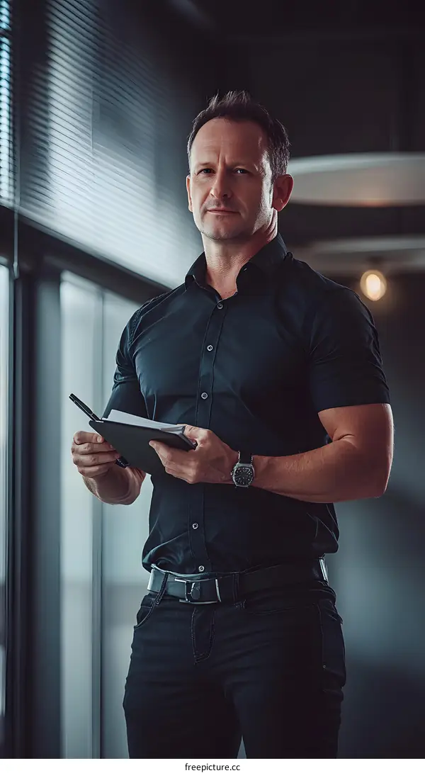 Portrait of a Confident Businessman in Black Shirt and Jeans Holding a Notebook