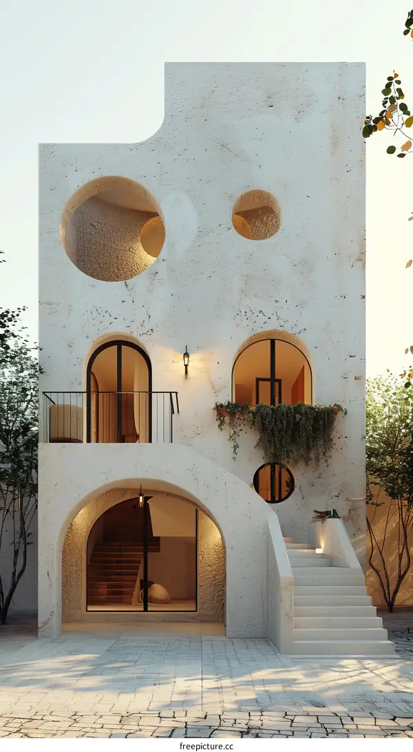 Modern house with white facade and rounded features