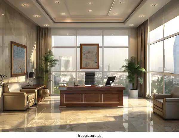 Modern office interior with large windows and city view