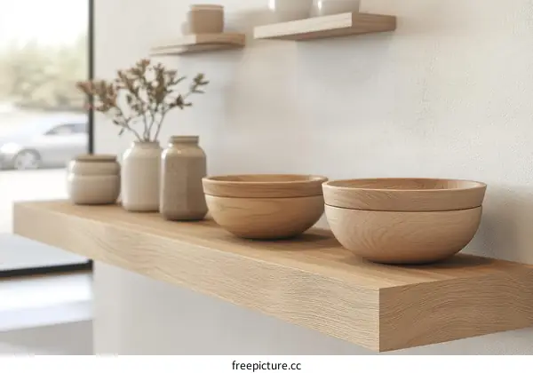 Wooden Shelf with Decorative Bowls and Vases