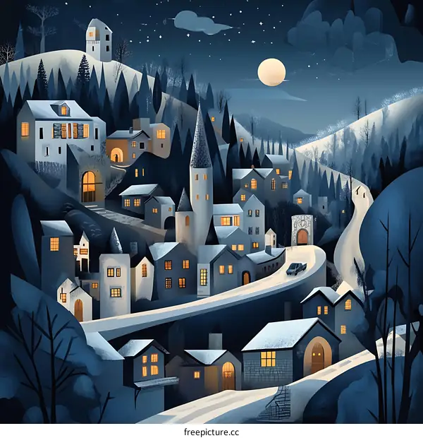 Winter Night Village with a Full Moon
