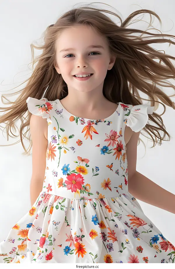 Little girl with long blond hair wearing a white dress with colorful floral pattern