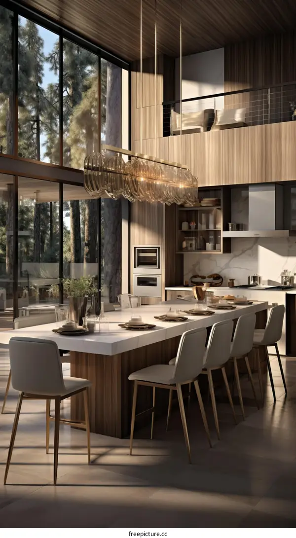 Luxury dining room with a forest view