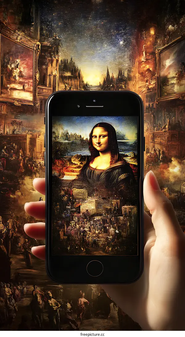 Hand Holding Smartphone Showing Mona Lisa Painting