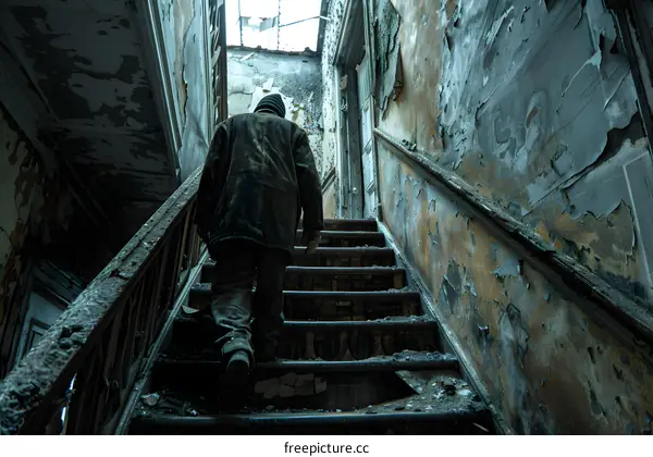 A man walking up the stairs in an abandoned building