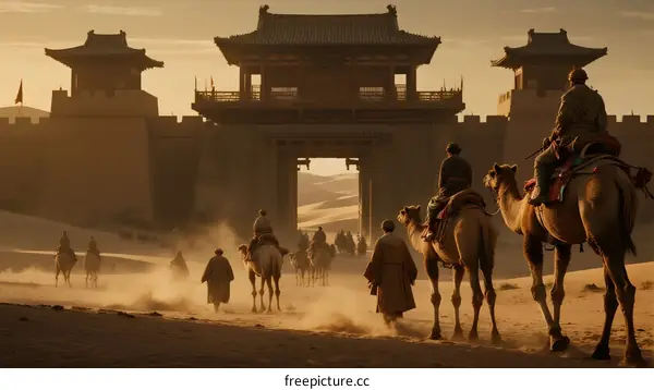 Ancient Chinese city gate with camels and travelers in desert