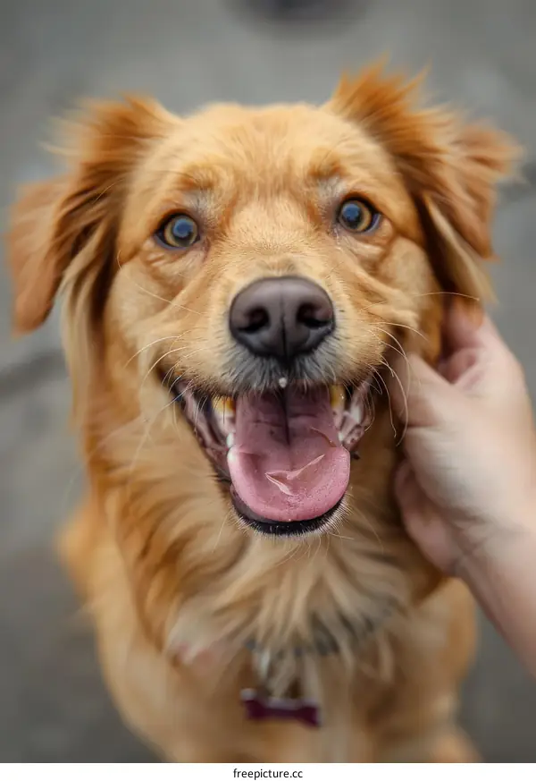 A light-skinned hand is petting a golden-brown dog