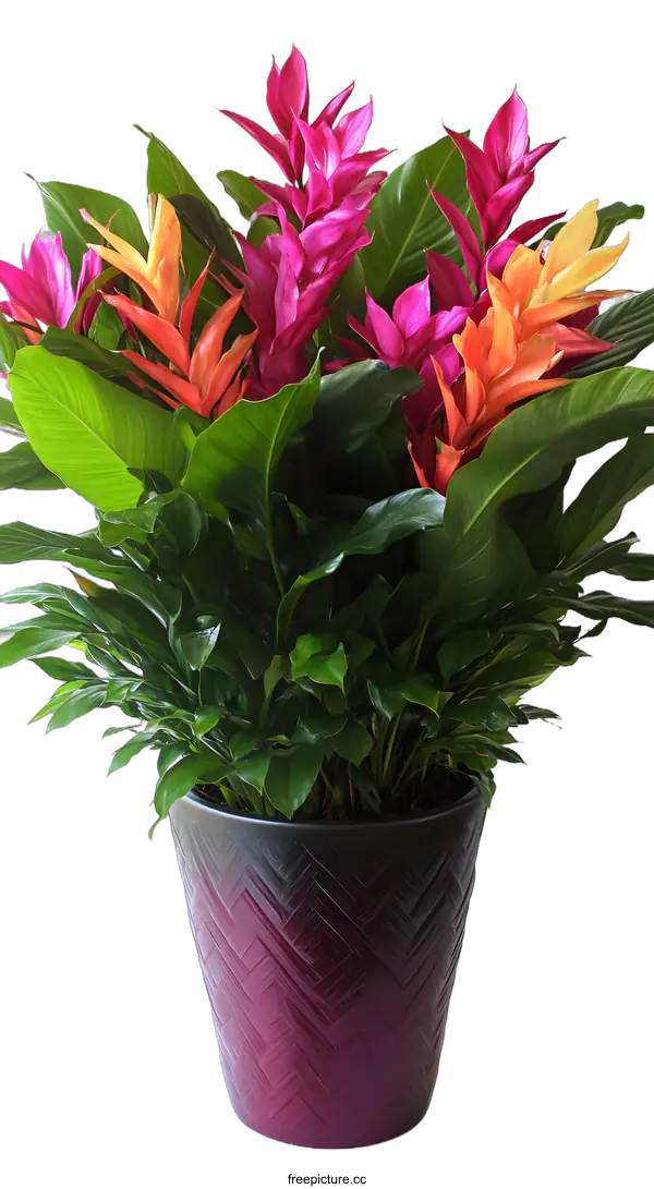 [Transparent Background PNG]Pink and Orange Bromeliad Plant in a Pot