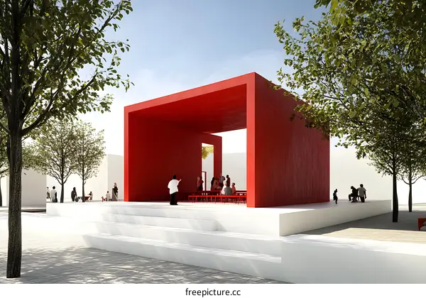 Red Modern Architecture With People Sitting Under The Structure