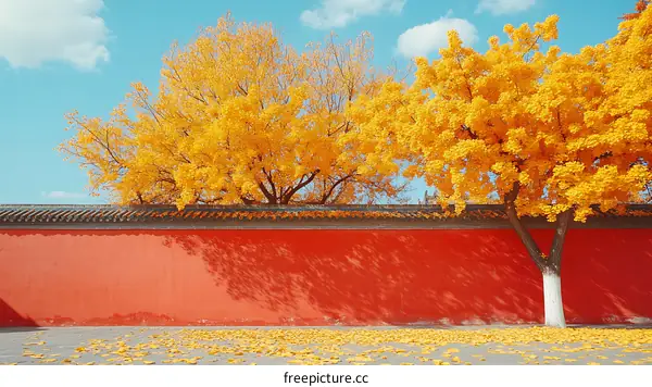 Autumn Leaves Against a Red Wall in a Chinese Courtyard