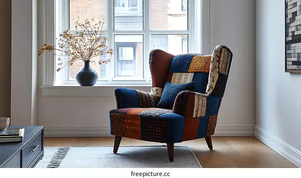 Colorful Patchwork Wingback Chair in a Cozy Room