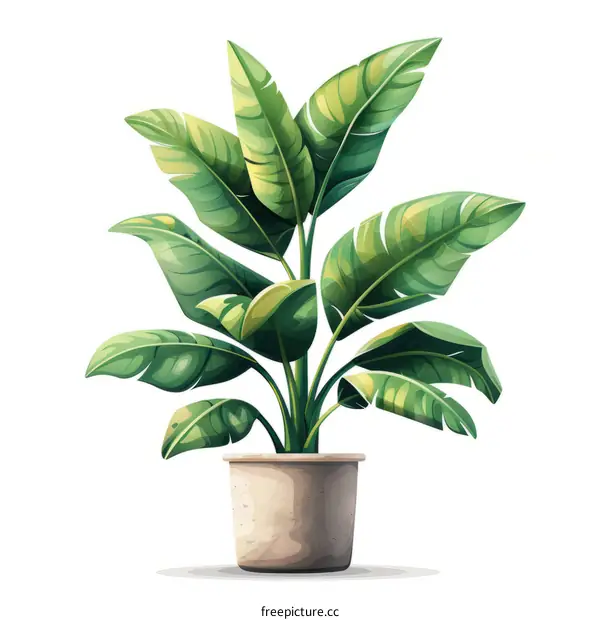 A lush potted banana plant with green leaves