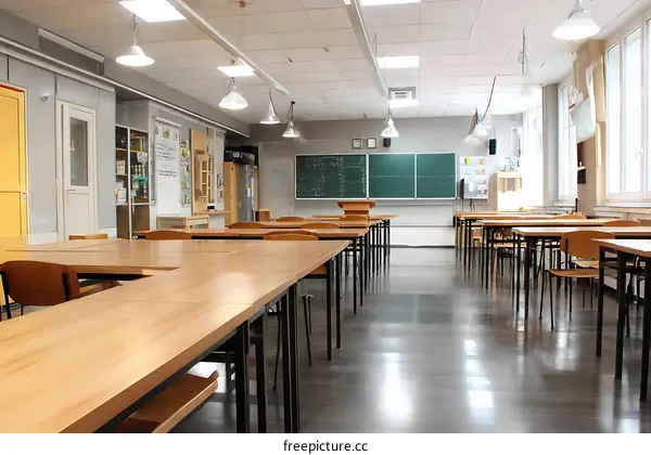 Empty Classroom with Long Tables and Chairs