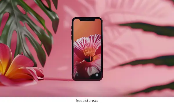 Smartphone with Flower Image on Screen in Tropical Setting