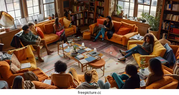 Group of Diverse People Sitting on Orange Couches in a Room