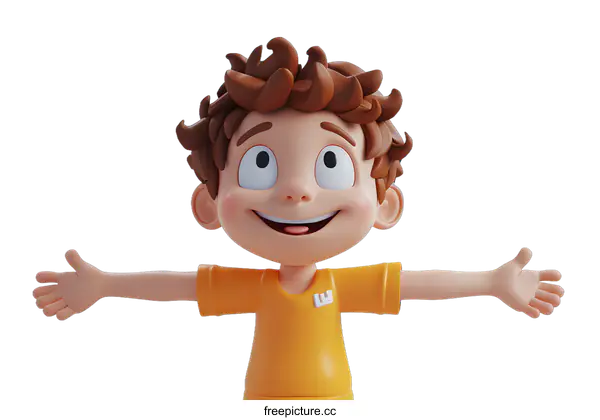 [Transparent Background PNG]3D cartoon character of a boy with brown hair and orange shirt