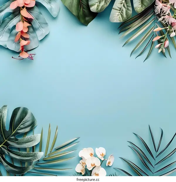 Tropical Leaves and Flowers on a Blue Background