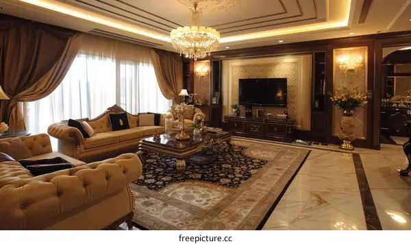 Luxurious living room with brown and gold accents