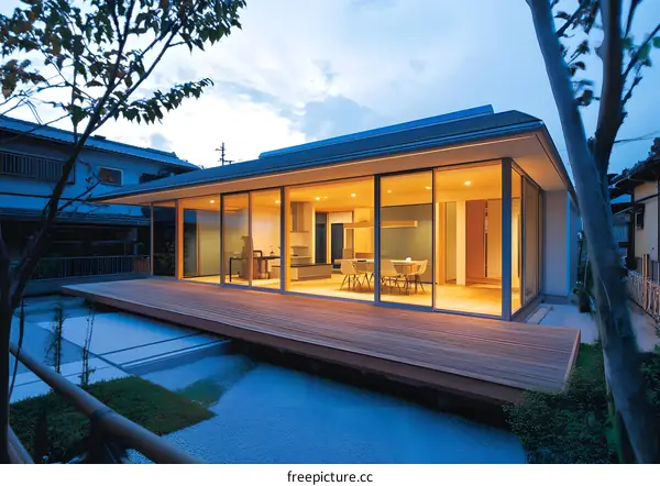 Modern Japanese House with Wooden Deck and Large Glass Windows