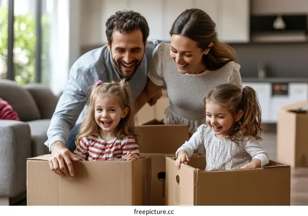 Happy Family Playing with Moving Boxes