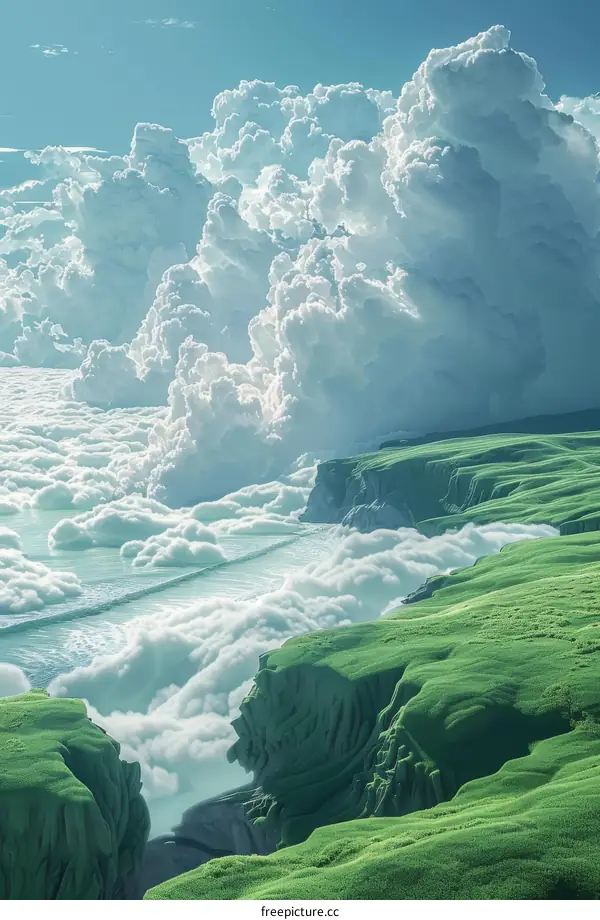 Green Cliffs and Clouds Fantasy Landscape