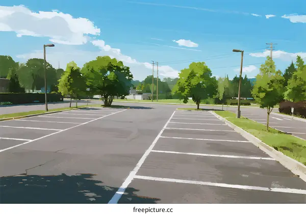 A sunny day view of an empty parking lot with green trees around
