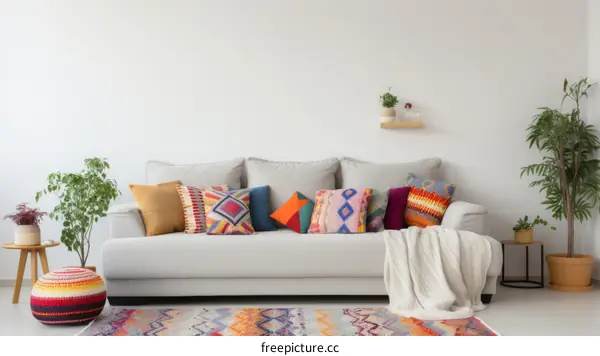 A living room with a sofa, rug, plants, and pillows