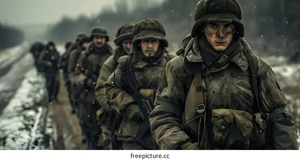 A group of soldiers walking through a snowy forest.