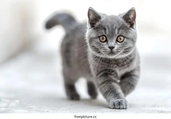 A gray British Shorthair kitten is walking towards the camera