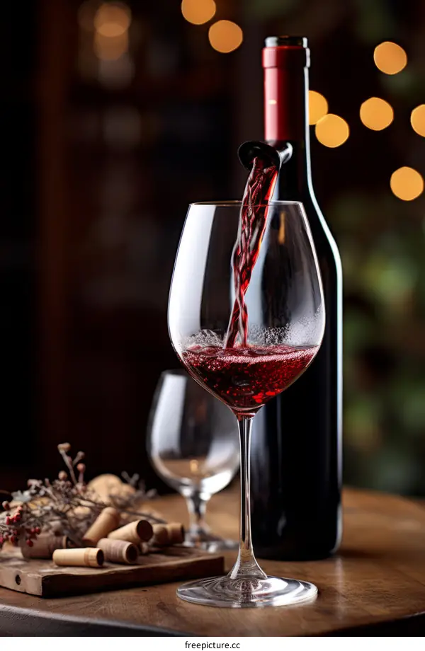 Red wine glass and bottle on wooden table